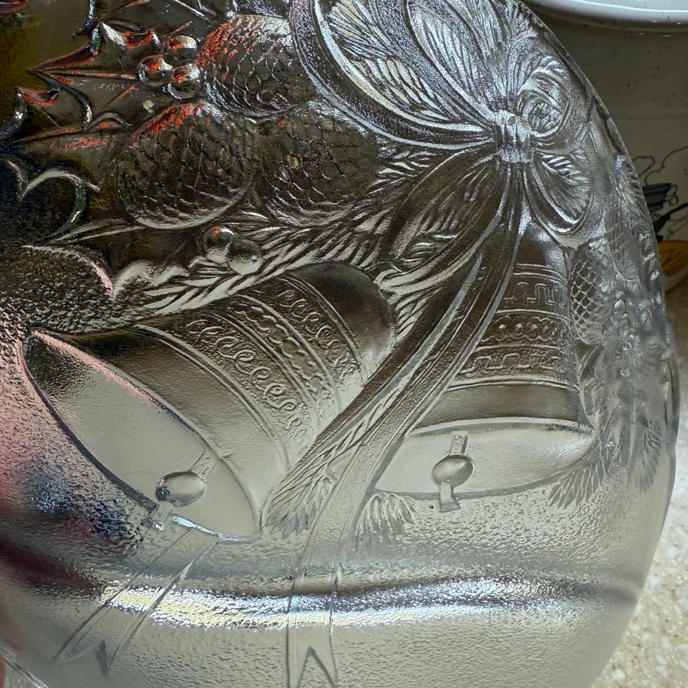 Vintage Clear Mikasa, Festive Bells and Ribbon Christmas divided serving dish